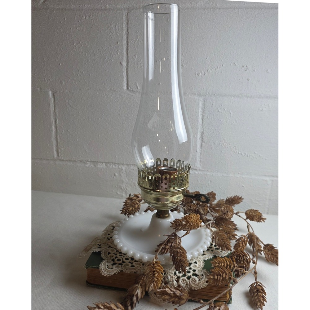 Vintage Milk Glass Hobnail Electric Hurricane Lamp Heart Turn Key Brass Tone
